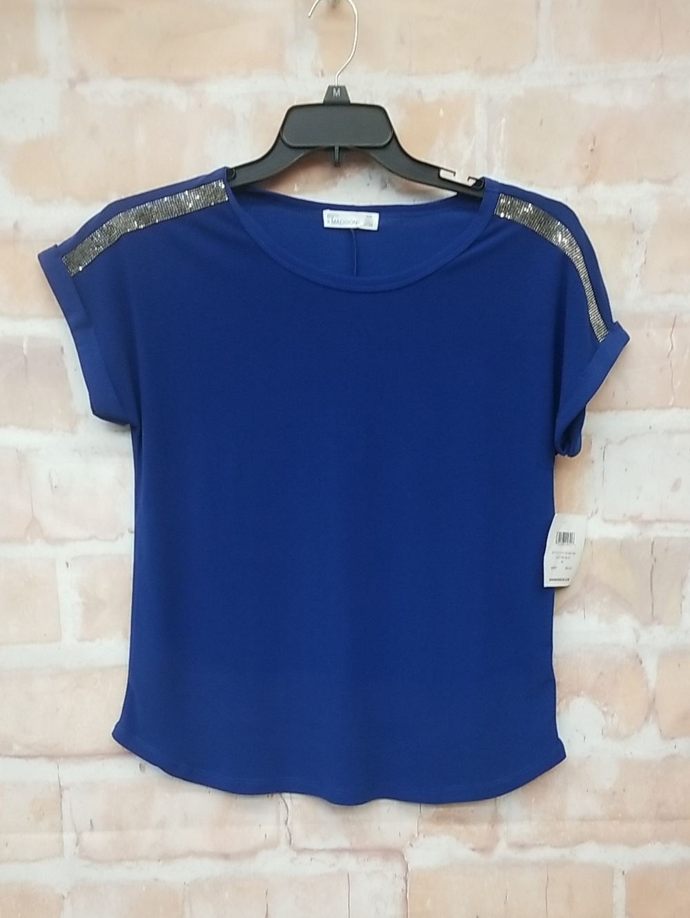 Madison Blue Cap-Sleeve Embellished Shoulder Top